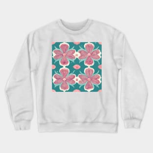 Vintage looking wallpaper with large turquoise and pink flowers. Crewneck Sweatshirt